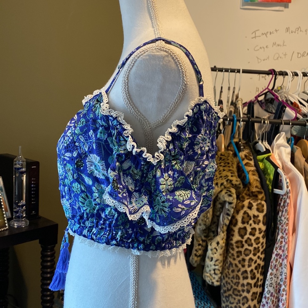 Poupette St. Barth Blue Cold Shoulder Crop Top W/Tassels - Picture 7 of 12